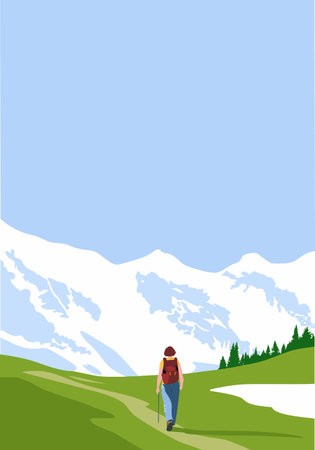 Minimalist vector illustration of a woman with a backpack hiking across green hills toward snowy mountains under a clear blue sky. The scene captures adventure, freedom, and the spirit of outdoor exploration in a peaceful natural landscape.のイラスト素材