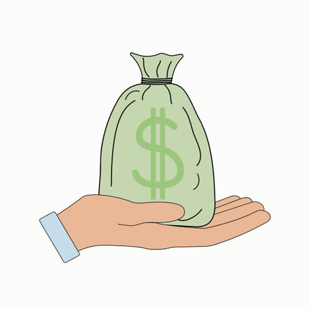 Hand with a bag of money. Bag of coins. Dollars cents are the American currency. Buying, selling, business. Vector illustration. Isolated background.のイラスト素材