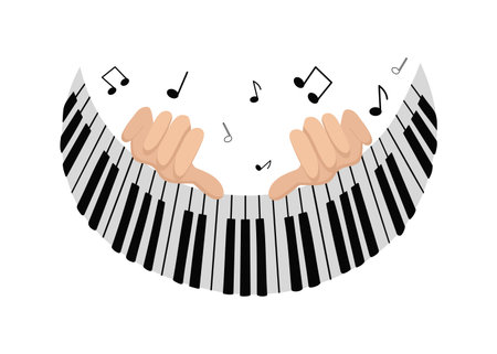 Hands and keys of the piano, musical instrument. Playing the piano. Music performance, notes and signs. Icon, sign. Vector illustration.のイラスト素材