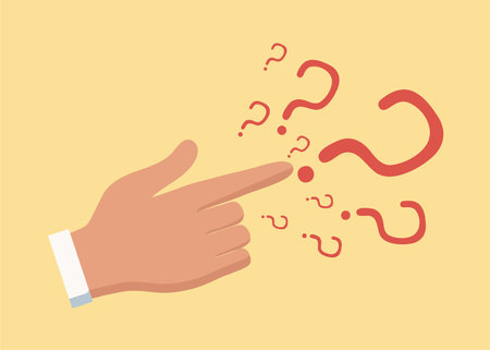 Human hand and question marks. The concept of raising the issue in business. Difficulty, obstacle, problem solution. Vector illustration.のイラスト素材