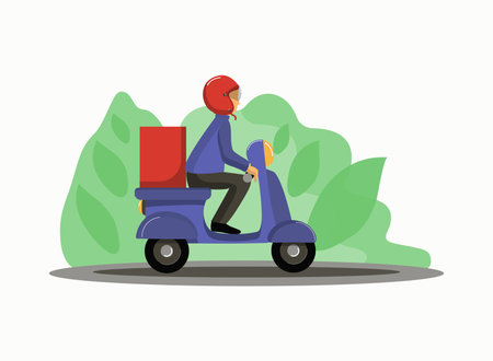 A man in a helmet rides a motor scooter. Delivery of food, goods. Pizza delivery boy rides a scooter, vector illustrationのイラスト素材