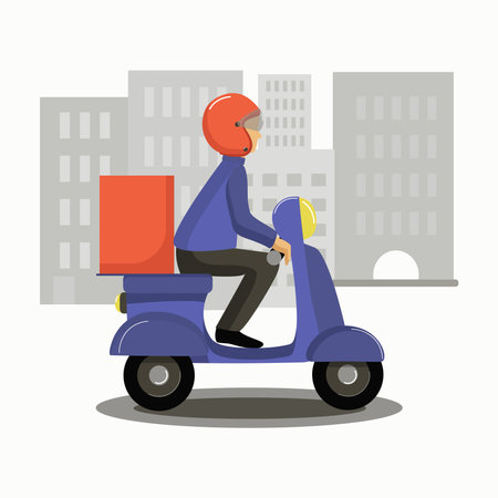 A man in a helmet rides a motor scooter. Delivery of food, goods. Pizza delivery boy rides a scooter, vector illustrationのイラスト素材