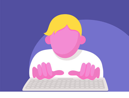 The man works for the computer. Hands and Keyboard. Vector flat illustration. Icon, sign.のイラスト素材
