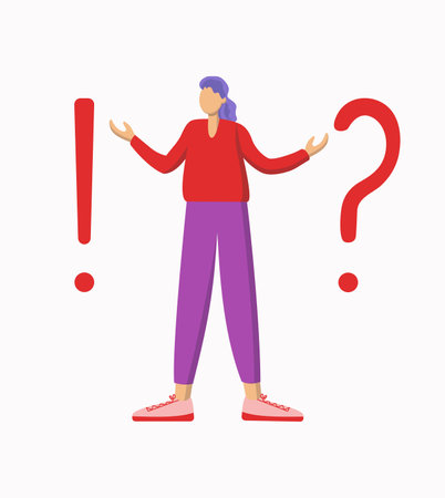 Modern woman with question and exclamation marks. Young thinking man. Problem and solution concept. Question and answer. Dilemma and understanding. Vector flat illustration.のイラスト素材