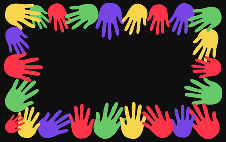 The palms of a man's hands.  Frame with abstract elements. Vector pattern , banner.  Figure bright, Colorful, the concept of support, help, love.  Children's palm prints. Illustration on isolated background.のイラスト素材