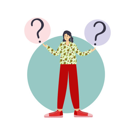 Make choice, decision concept. Puzzled business woman doubting, deciding, setting priorities. Questioned employee thinking, analyzing two options. Flat vector illustration isolated on white backgroundのイラスト素材