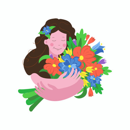 Young woman with a bouquet of flowers, Women's Day March 8.  Spring greeting card design with inscription. Bright color vector illustration. The background is isolated.のイラスト素材