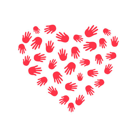 Hands, palms, print. The shape of the heart. Silhouette of the palm. Fingers of the hand of a person. Design concepts of help, support, love. Drawing. Vector Graphics. Illustration on isolated background.のイラスト素材