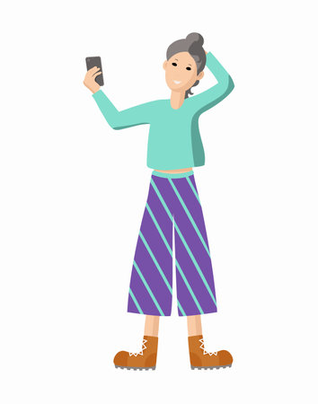 Young woman takes a selfie with the phone. Taking pictures of yourself. A blogger girl is shooting. Blogging. Vector illustration on isolated background.のイラスト素材