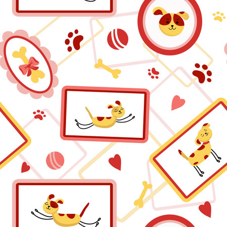 Seamless vector pattern with drawn dogs, frame,  portrait. Drawings  .  Doodle illustration. Background for textiles, packaging.のイラスト素材