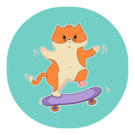 The ginger cat is riding a skateboard. Cheerful cartoon sports kitten. Sticker, print. Vector illustration. Isolated background.のイラスト素材