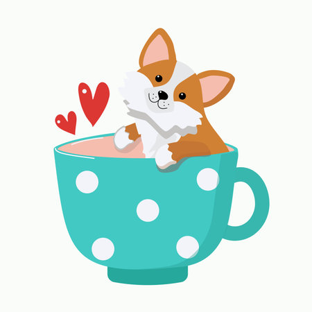 A dog in a cup. Cartoon puppy. Hearts, Valentine's Day card design. Vector illustration. The background is white, isolated.のイラスト素材