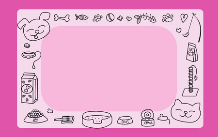 Frame cartoon dog, cat; paw prints, pet food and toys. Ornaments, icons with animals in doodle style. Vector background for print design. Postcard with space for text. Goods for pets. Concept of promotion, sale of goods pet store.  Illustration, banner .  Isolated background.のイラスト素材