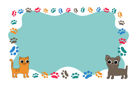 Frame cartoon dog, cat; footprints, paw prints of the animal. Ornaments, icons with pets. Vector background for print design . Card with space for text. Pet products. Pet notice banner concept vector illustration. Background isolated.のイラスト素材