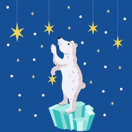 A polar bear with stars. Polar Bear Day. Northern Animal, cartoon. Starry Sky. Arctic climate. Ice, frost, snow. Vector illustration.のイラスト素材