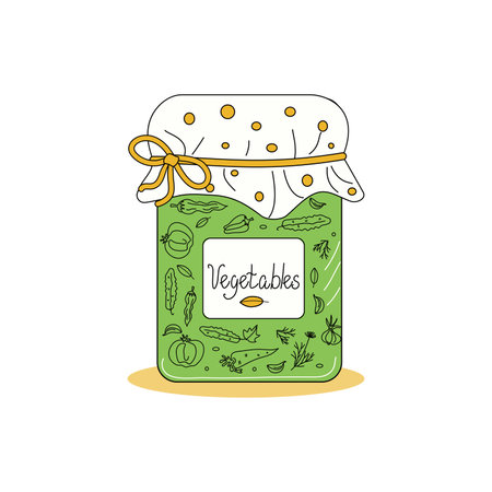 Vegetable preserves. Glass jar with canned vegetables in doodle style. Food and drinks. A set of vegetables in a jar. Vector illustration, isolated background.のイラスト素材