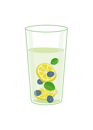 Cold detox water with fruit, berries, mint and ice. Natural lemonade in a glass . A glass with a healthy drink. Drops of refreshing water. Healthy lifestyle, refreshing drink. Vector illustration.のイラスト素材