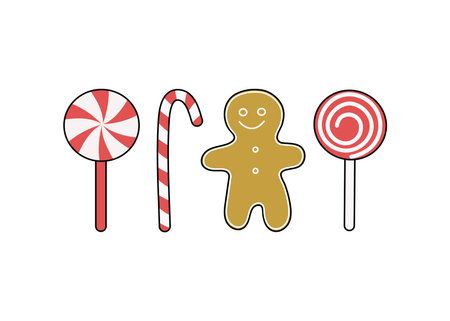 Cartoon sweets, candies, lollipops and a gingerbread man. Christmas, New Year. Traditional homemade pastries. Vector illustration.のイラスト素材