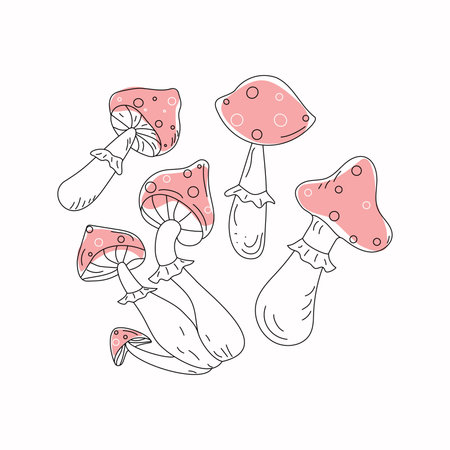 Fly agaric mushrooms. Set. Poison mushrooms. Vector illustration, doodle. Isolated background.のイラスト素材