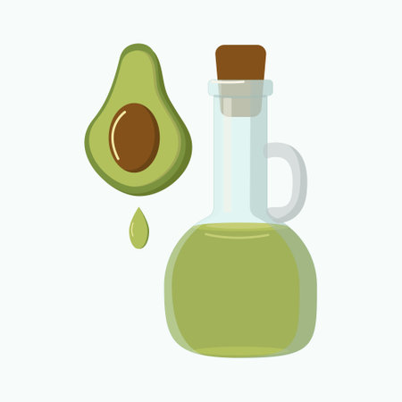 Natural vegetable oil in a glass bottle. Food and drink. Fruit, vegetable. Vector illustration.のイラスト素材