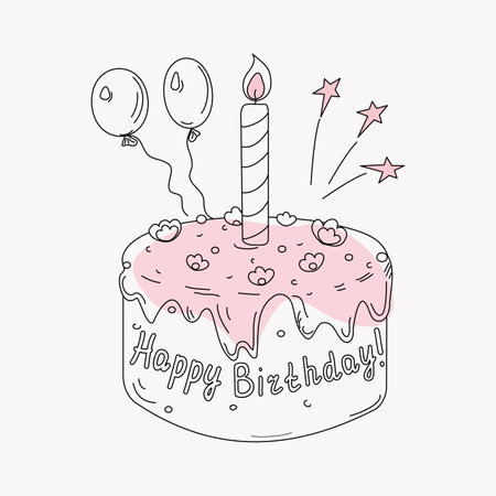 Festive cake with a candle. Holiday, Birthday. Text. Vector illustration in Doodle style, isolated background.のイラスト素材