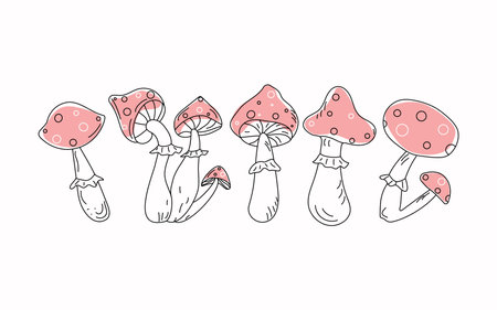 Fly agaric mushrooms. Set. Poison mushrooms. Vector illustration, doodle. Isolated background.のイラスト素材