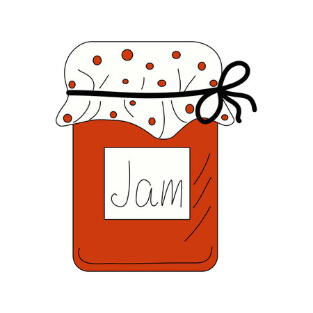 Jam jar, icon, fruits and berries doodle. Natural product . Healthy food, sweet dessert. Vector illustration. Isolated background.のイラスト素材