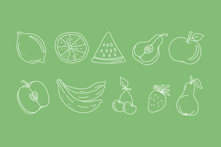 Set of abstract fruits . Icons juicy fruits whole and slices. Doodle style. Drawings with a black outline . Vector graphics. Isolated background.のイラスト素材