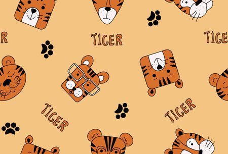 Vector Pattern cartoon tigers. Funny animals in doodle style. Design for wallpaper, textiles, packaging.のイラスト素材