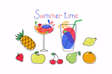 A set of delicious summer alcoholic cocktails and fruit. Different colored drinks in wine glasses.  Mixed cold drinks. Fresh exotic tropical beach bar. Alcohol, lemonade.  Flat cartoon vector icon on white background.のイラスト素材