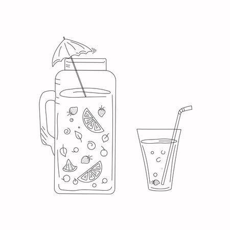 Jug and glass with drinks in doodle style. Fruit juice with lemons, berries, oranges. Vector illustration.のイラスト素材
