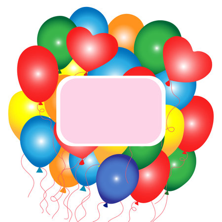 Bundle of balloons for birthdays, weddings, Valentine's Day and parties.  Balloon in cartoon style. Frame for the text, the inscription. Flying balloon with rope.  Isolated background. Holiday card design . Graphic vector.のイラスト素材