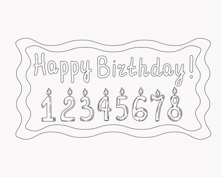 Doodle numbers. Cake candles. Children's birthday. Happy birthday text. Vector illustration.のイラスト素材