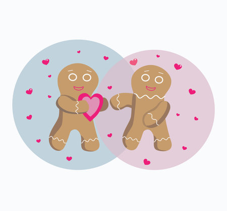 Gingerbread men with a heart, a couple of lovers, postcard, congratulation. Vector flat...
