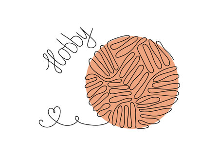 Knitting logo, icon. Hobby sign, needlework in line art style. A ball of thread, one line drawing. Threads in a skein. Vector illustration on an isolated background.のイラスト素材