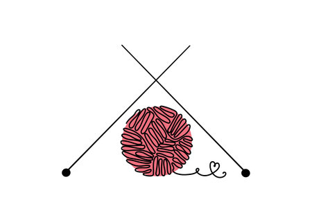A ball of yarn and needles, one line pattern. Knitting logo, icon. Hobby mark, handicrafts in the style of line art.  Thread in a skein. Vector illustration on isolated background.のイラスト素材