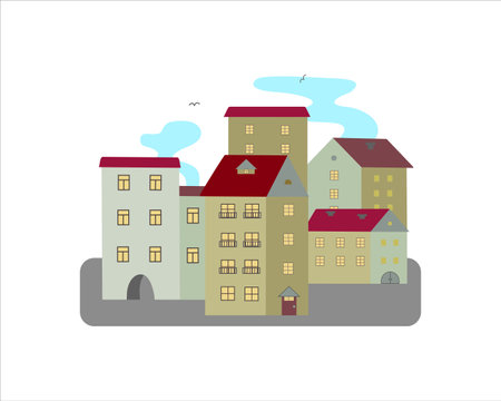 Houses of the old city. Cartoon European architecture. Buildings with red roofs. Vector illustration.のイラスト素材