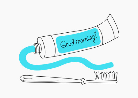 Teeth cleaning and care set . Doodle style. Brushing teeth. Toothbrush and Toothpaste , logo, sign, icon. Vector illustration, background isolated.&#x9;のイラスト素材