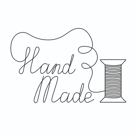 Lettering Handmade. Homework logo. Text in the form of a thread in the style of line art. Vector illustration on an isolated background.のイラスト素材