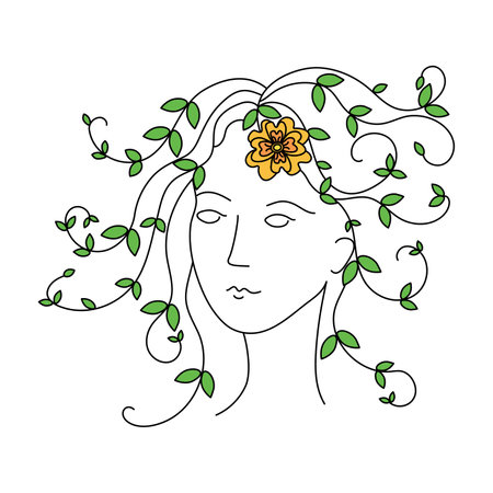 Female. Hair abstract in the form of plant branches. Flower and leaves in hair. Hairstyle with leaves. Vector illustration on a white isolated background.のイラスト素材