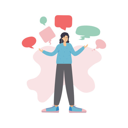Woman, conversation, reflection. The modern metaphor of choice. Doubts about a decision. Woman pondering different opinions. Choosing between opposing positions. Dialogue speech bubbles. Vector illustration, flat style.のイラスト素材