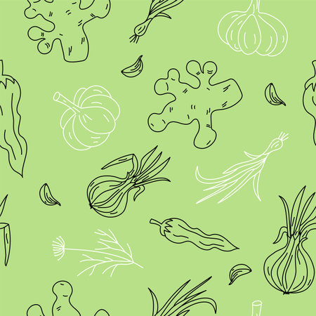 Seamless vector pattern vegetables. Drawing, sketch, doodles. Onion, garlic, ginger, pepper. Vitamin vegetarian food set. Healthy food.のイラスト素材