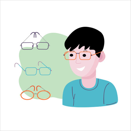 The man in the optics salon. The guy ponders the choice of glasses, with a happy expression. Choice of glasses on his face to improve his vision. Collection.のイラスト素材