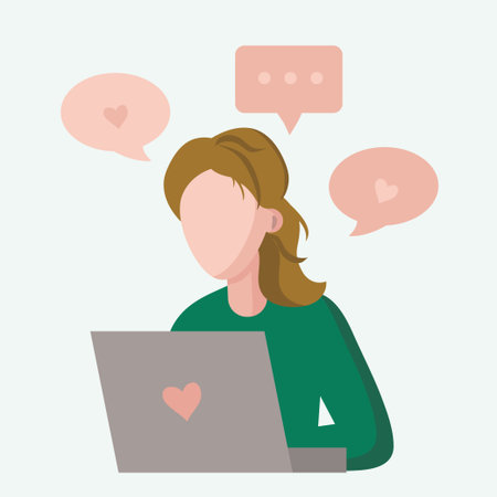 The woman works at the computer. The girl writes messages in the chat. Young woman with laptop. Love correspondence. Vector flat illustration. Isolated background.のイラスト素材