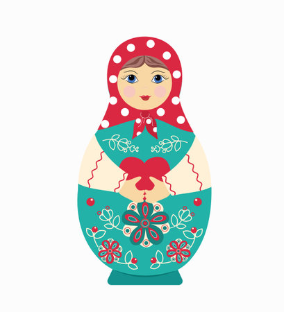 Wooden doll Matryoshka with a heart. Valentine's Day. Painted doll. Bright vector illustration on isolated background.のイラスト素材