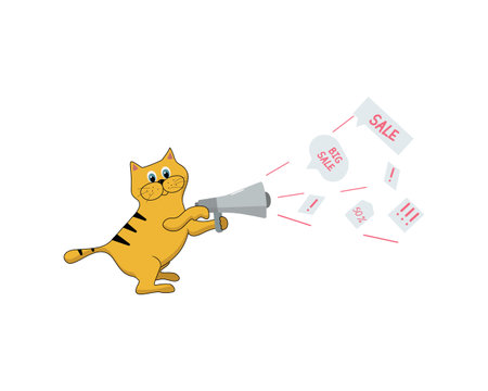 Cartoon cat with a megaphone. Kitten announces promotions and discounts in a loudspeaker.のイラスト素材