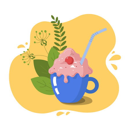 Coffee drink, dessert chilled in a cup. Whipped cream, chocolate or caramel. Ice cream, coffee, cream, mint leaves, cherry. Vector flat illustration. Isolated background.のイラスト素材