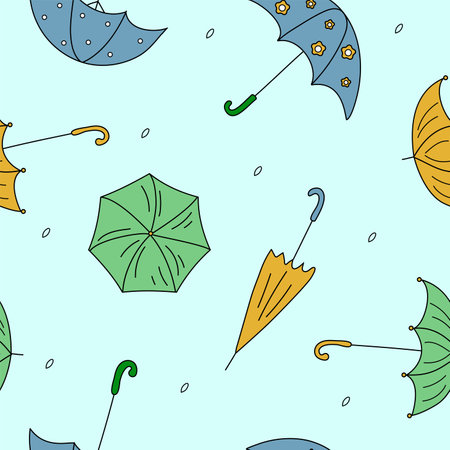 Vector Pattern set of colored umbrellas in doodle style. Rain, funny umbrellas. Vector illustration. Isolated white background.のイラスト素材