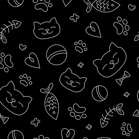 Pattern Vector, seamless. Cat doodles, animal food. Traces of the paws of a cat. Vector graphics.のイラスト素材