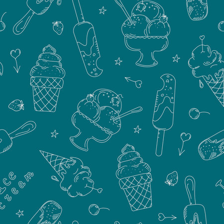 Ice Cream Pattern, food drawings. Set of icons and lettering. Seamless pattern. Doodle style vector illustration, line drawing.  Wallpaper decor.  Background isolated.のイラスト素材